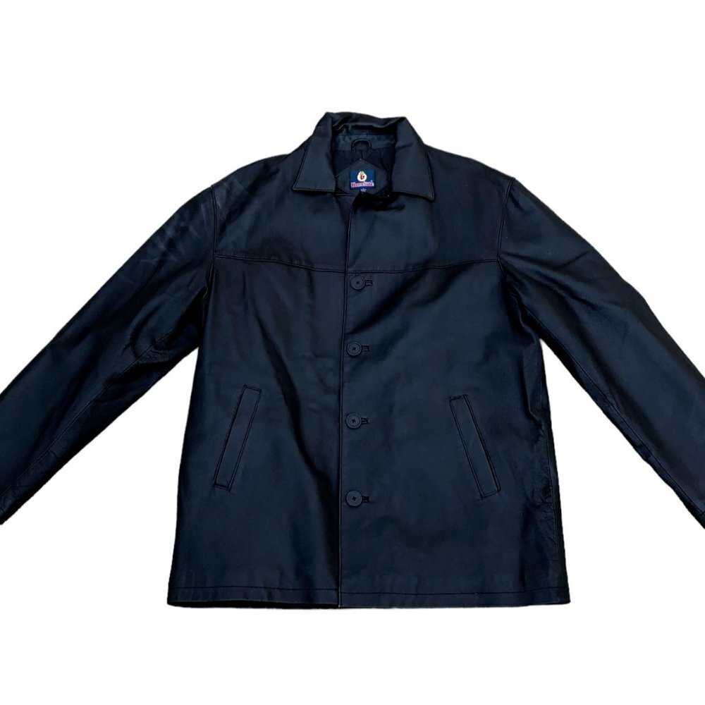 Vintage BURNSIDE 100% Leather Jacket Men's LG Quilted Lining Black Button Coat‍‍